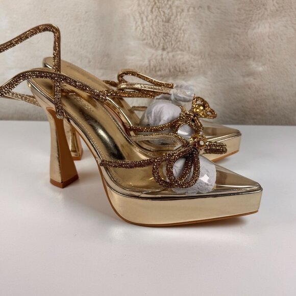 Public Desire Gold Strap Platform Heels With Embellished Bow SIZE 8 - Picture 1 of 8
